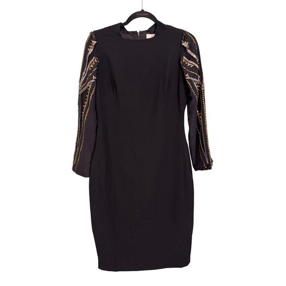 Badgley Mischka Sheath Dress 8 Black Midi Embellished Beaded Mesh Cocktail Party